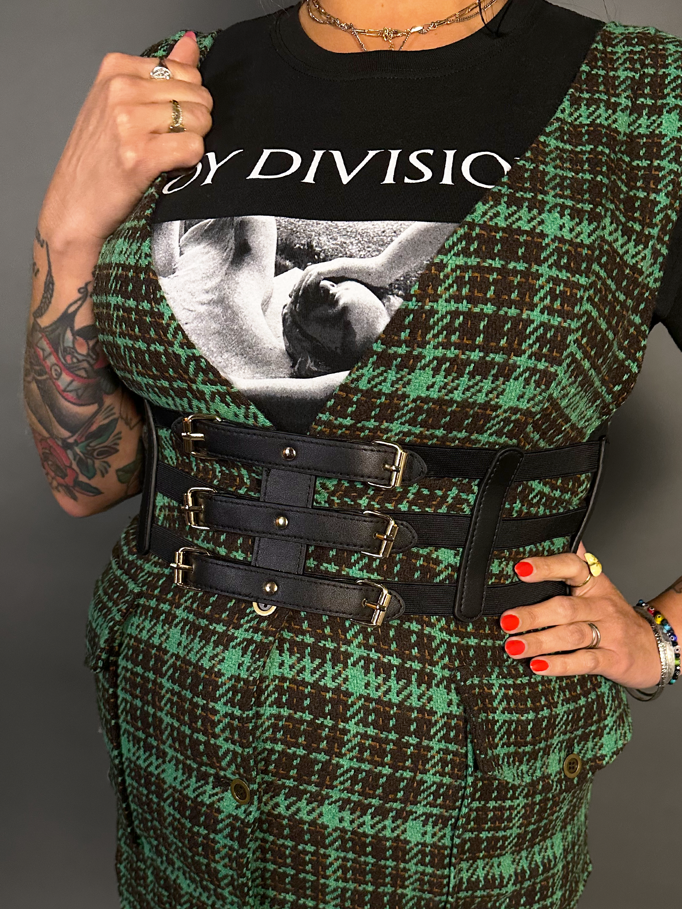 Outfit Set - Tweed Plaid Overall Mini Dress in Green & Three Buckle Corset Belt