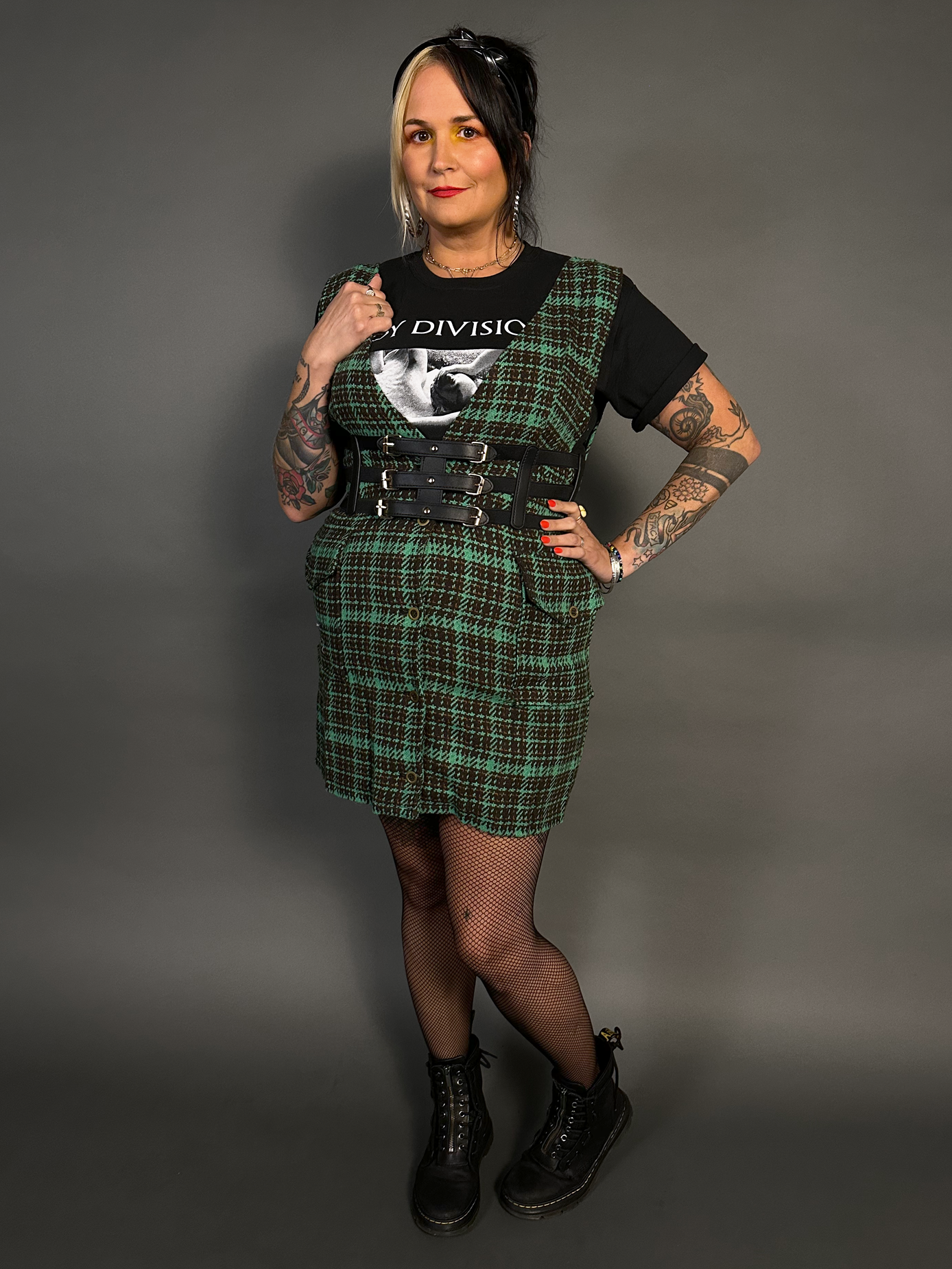 Outfit Set - Tweed Plaid Overall Mini Dress in Green & Three Buckle Corset Belt