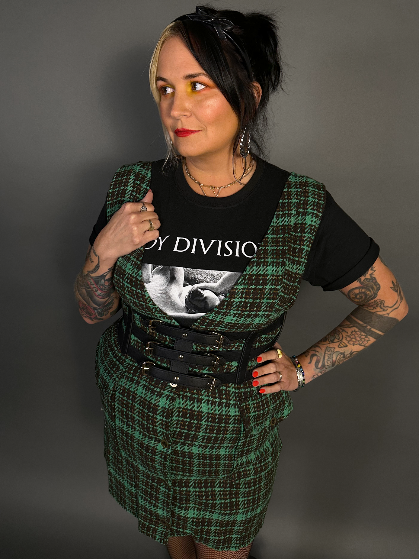 Outfit Set - Tweed Plaid Overall Mini Dress in Green & Three Buckle Corset Belt
