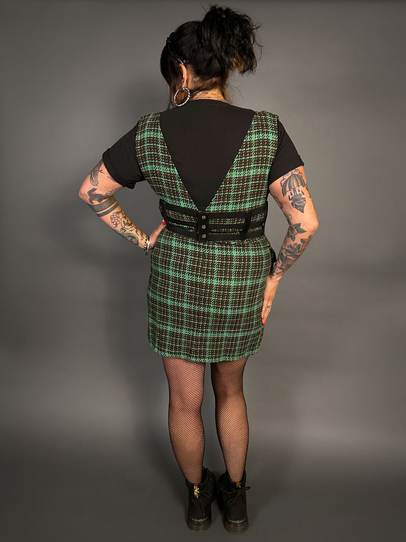 Outfit Set - Tweed Plaid Overall Mini Dress in Green & Three Buckle Corset Belt