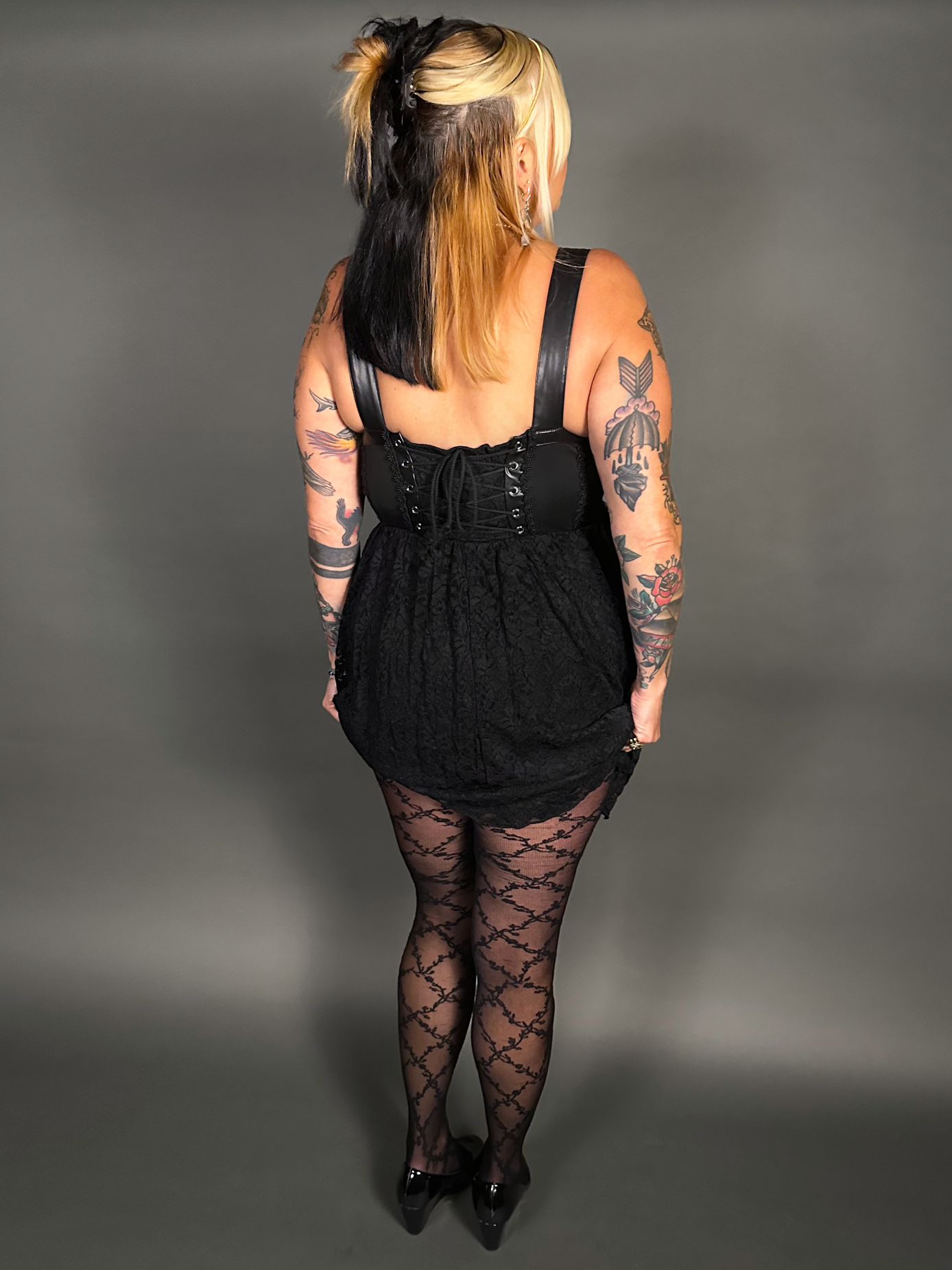 Outfit Set -Tommyrot Corset Dress w/ Faux Leather Straps & Floral Criss Cross by Pamela Mann