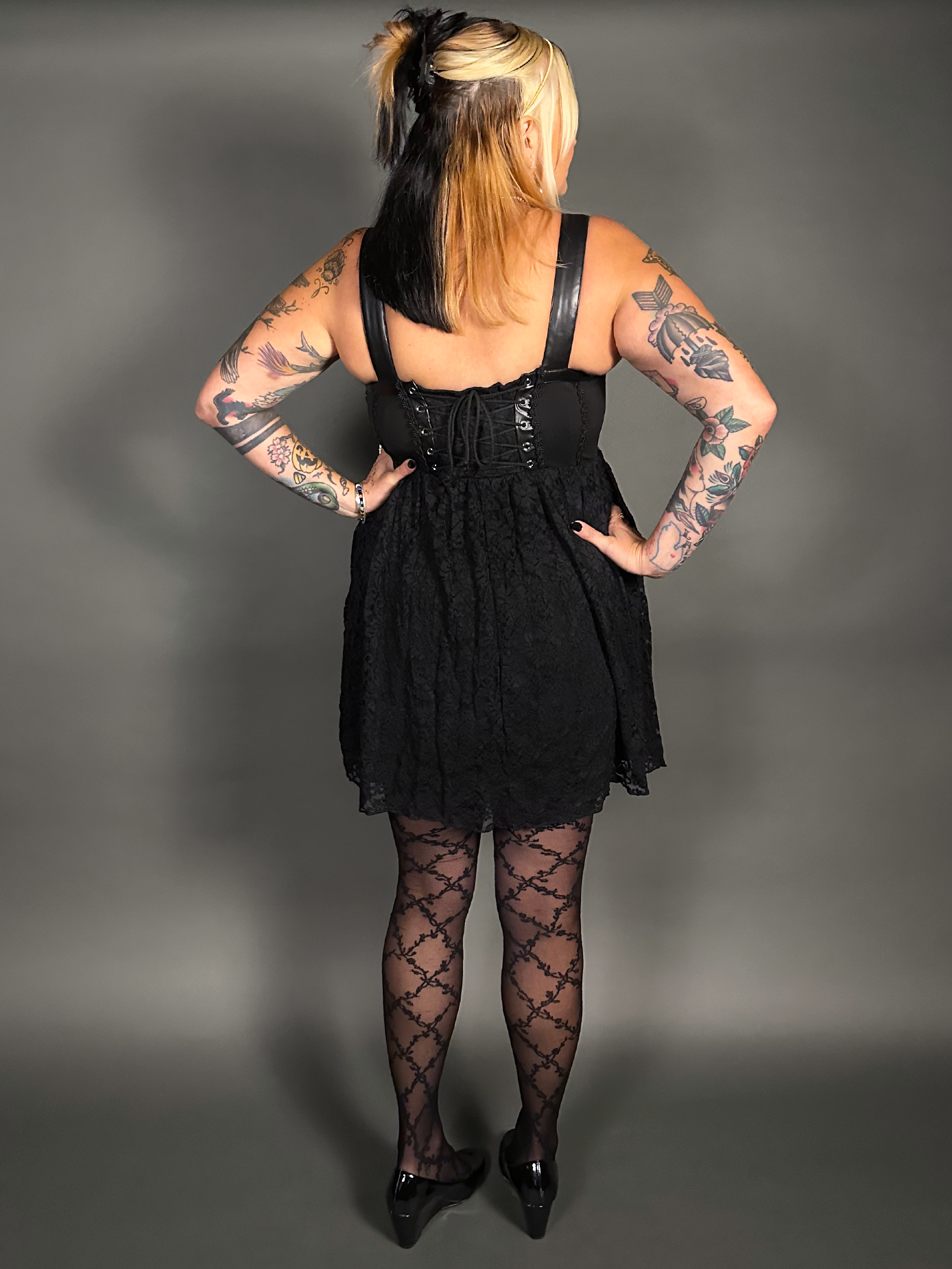 Outfit Set -Tommyrot Corset Dress w/ Faux Leather Straps & Floral Criss Cross by Pamela Mann