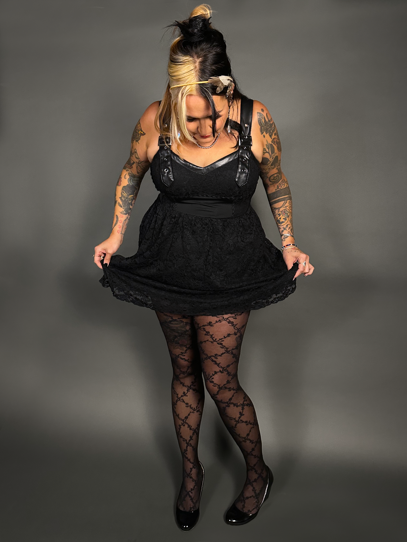 Outfit Set -Tommyrot Corset Dress w/ Faux Leather Straps & Floral Criss Cross by Pamela Mann