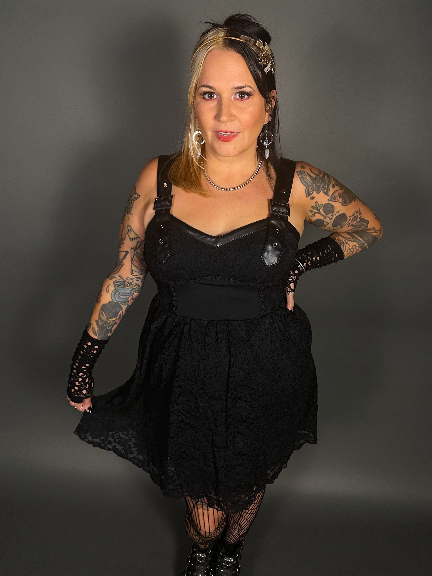 Outfit Set -Tommyrot Corset Dress w/ Faux Leather Straps & Spiderweb Tights by Pamela Mann