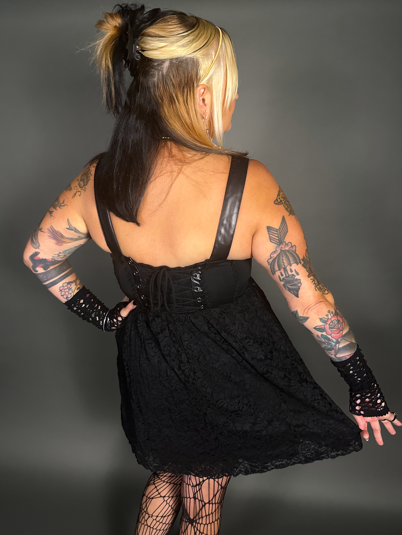 Outfit Set -Tommyrot Corset Dress w/ Faux Leather Straps & Spiderweb Tights by Pamela Mann