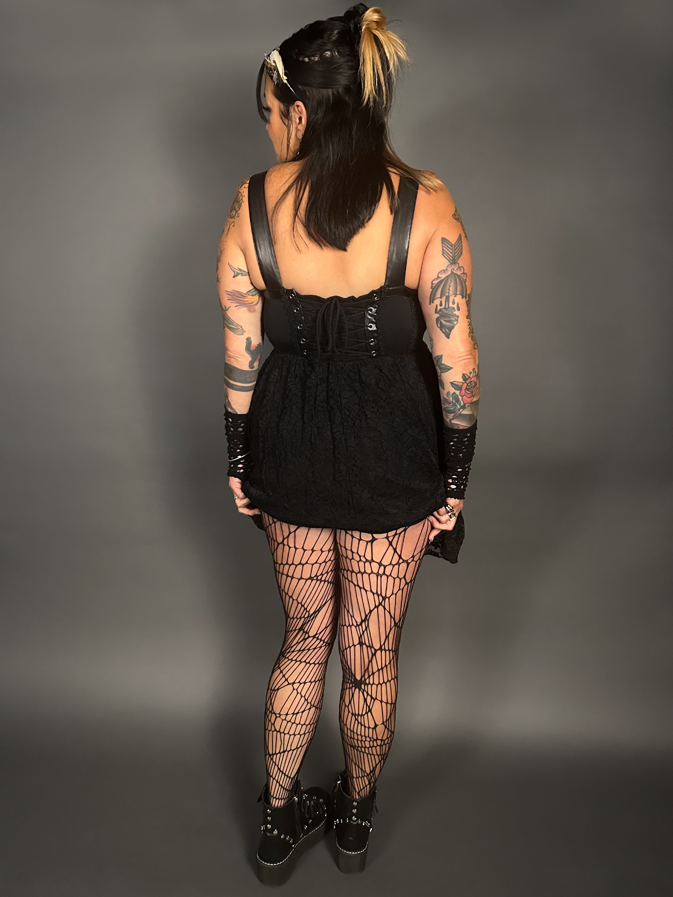 Outfit Set -Tommyrot Corset Dress w/ Faux Leather Straps & Spiderweb Tights by Pamela Mann