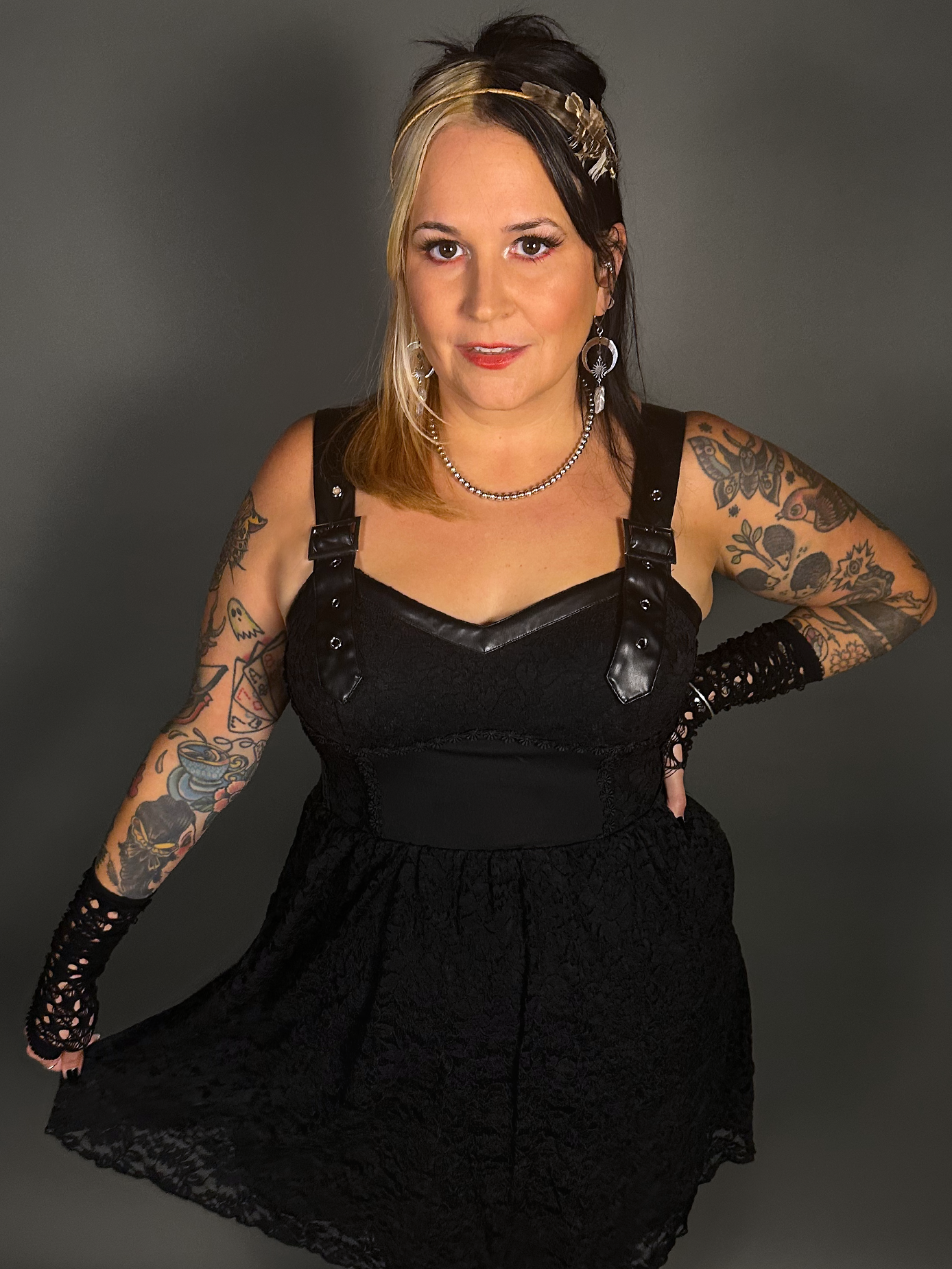 Outfit Set -Tommyrot Corset Dress w/ Faux Leather Straps & Spiderweb Tights by Pamela Mann