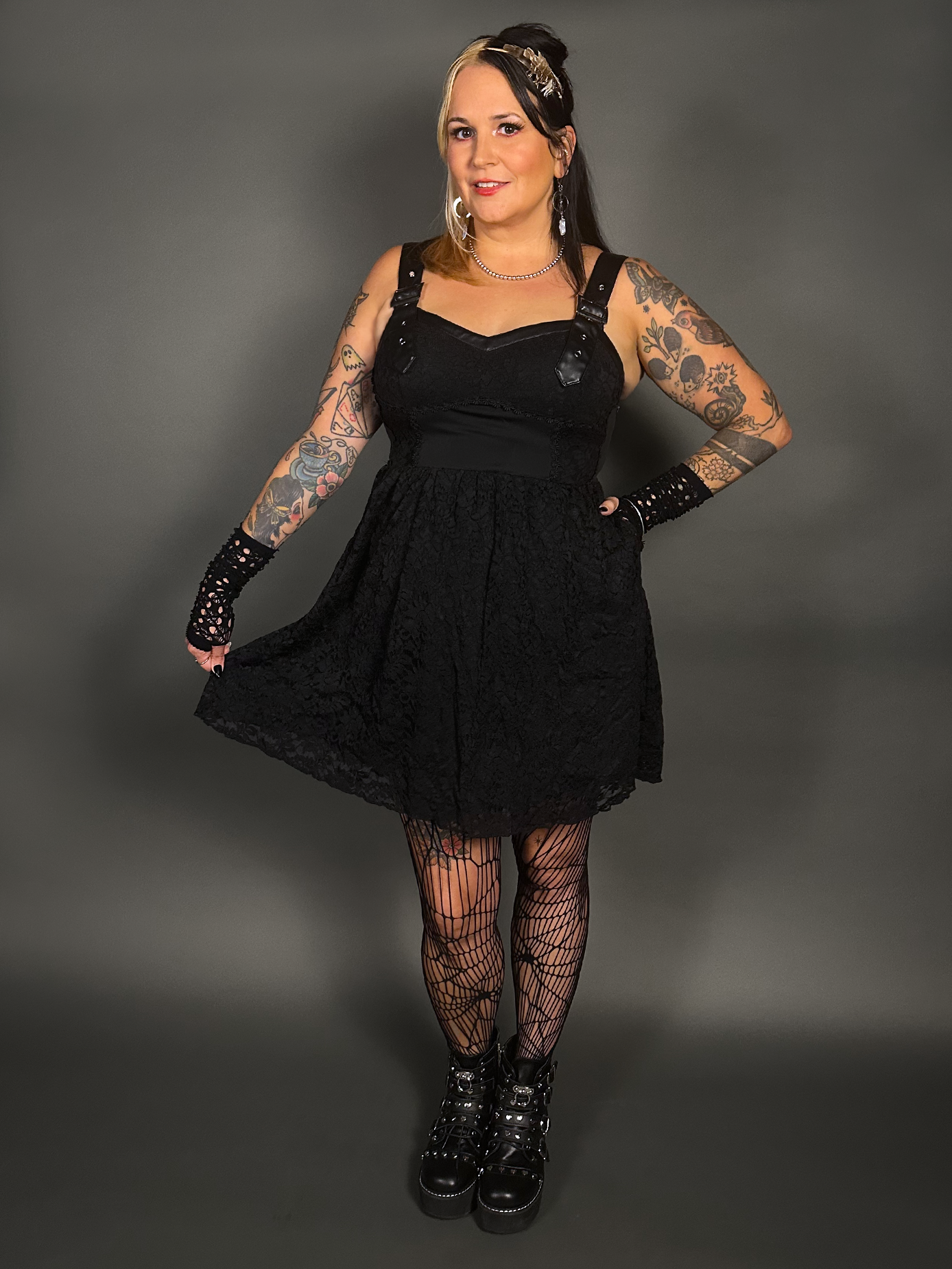 Outfit Set - Tommyrot Corset Dress w/ Faux Leather Straps & Spiderweb Tights by Pamela Mann L / US 12-14 (UK 16-18) / Black Outfit Set - Tommyrot Corset Dress w/ Faux Leather Straps & Spiderweb Tights by Pamela Mann L / US 12-14 (UK 16-18) / Black