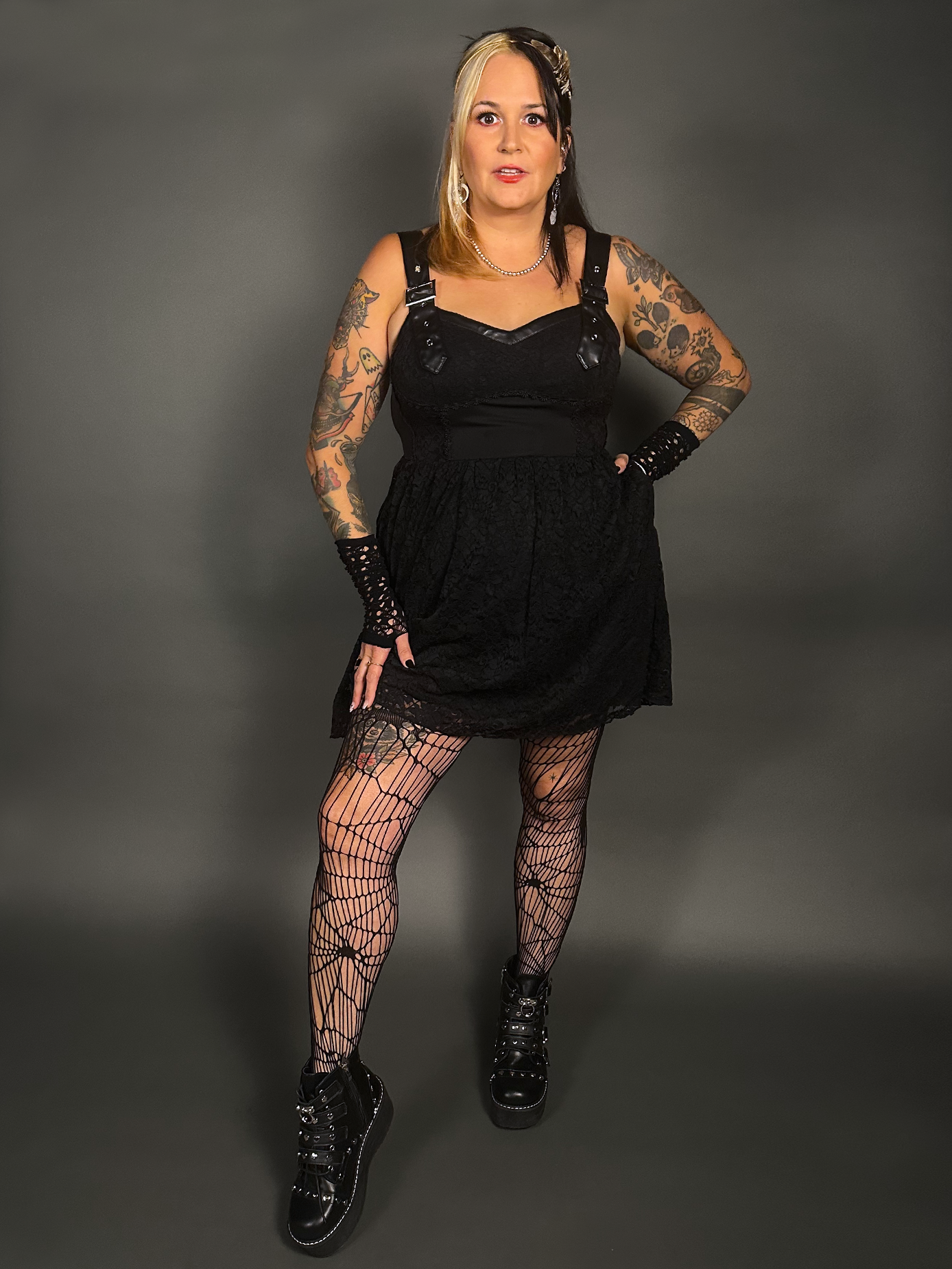Outfit Set -Tommyrot Corset Dress w/ Faux Leather Straps & Spiderweb Tights by Pamela Mann