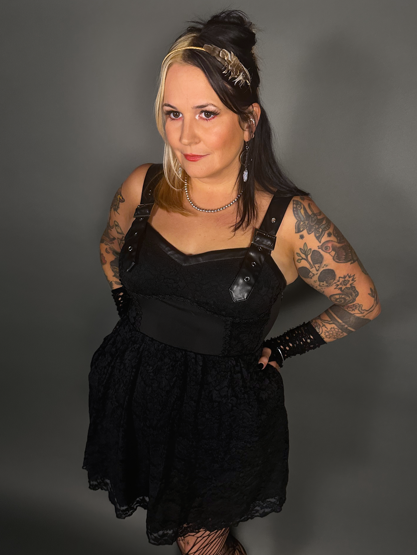 Outfit Set -Tommyrot Corset Dress w/ Faux Leather Straps & Spiderweb Tights by Pamela Mann