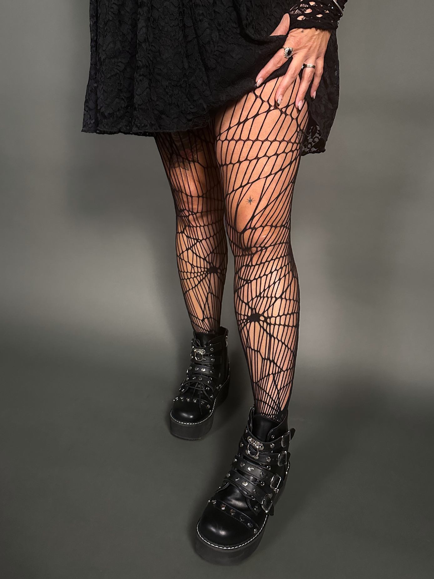 Outfit Set -Tommyrot Corset Dress w/ Faux Leather Straps & Spiderweb Tights by Pamela Mann