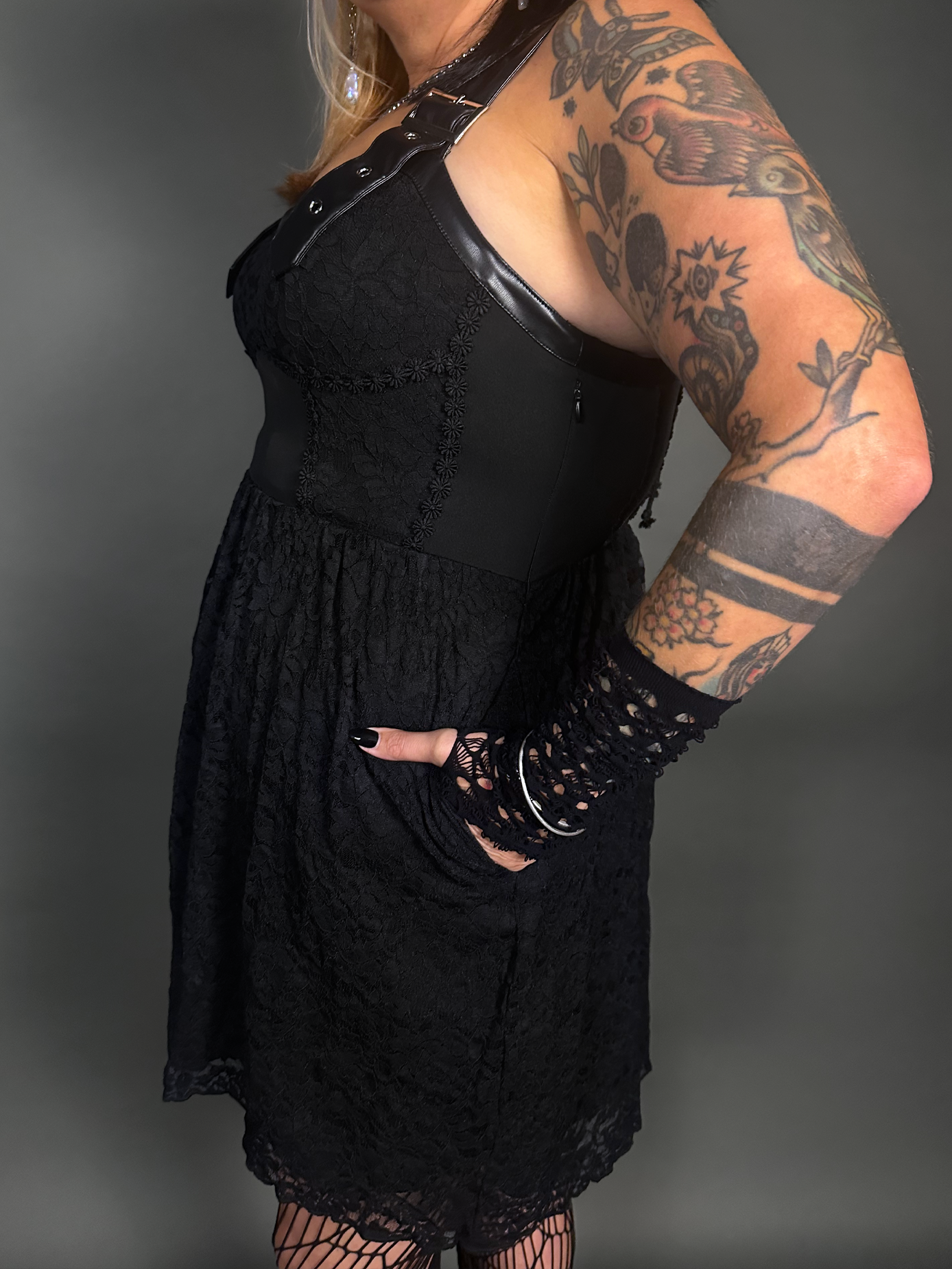 Outfit Set -Tommyrot Corset Dress w/ Faux Leather Straps & Spiderweb Tights by Pamela Mann