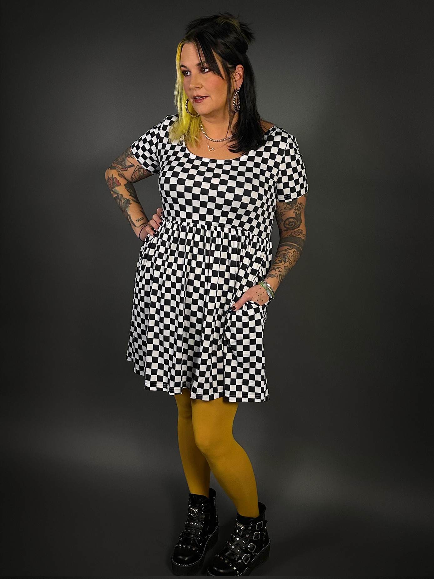 Outfit Set - Tommyrot Checkered Short Sleeve Skater Dress & Mustard Tights by Pamela Mann