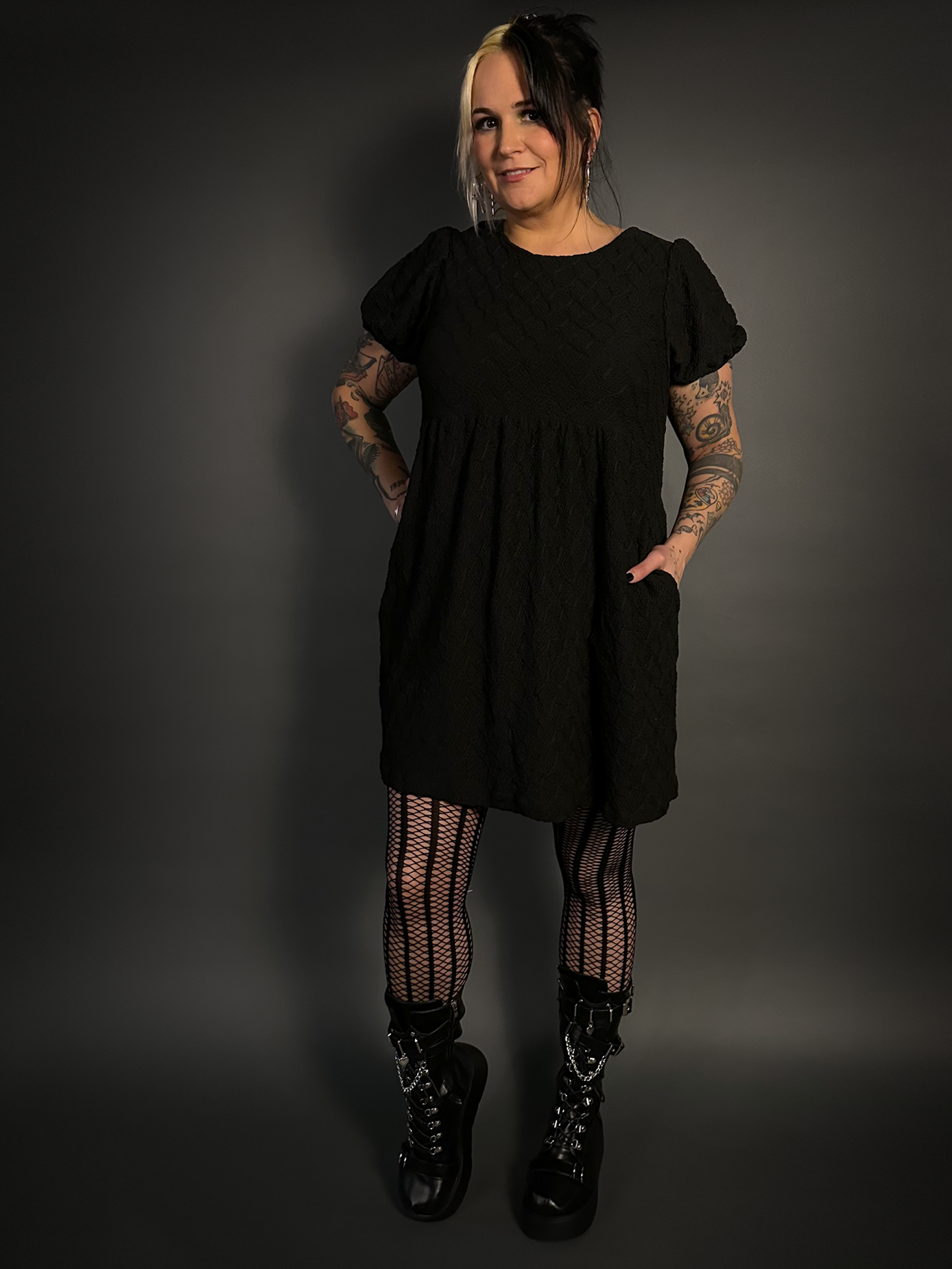 Puff Sleeve Empire Waist Smocked Jacquard Knit Mini Dress with Pockets