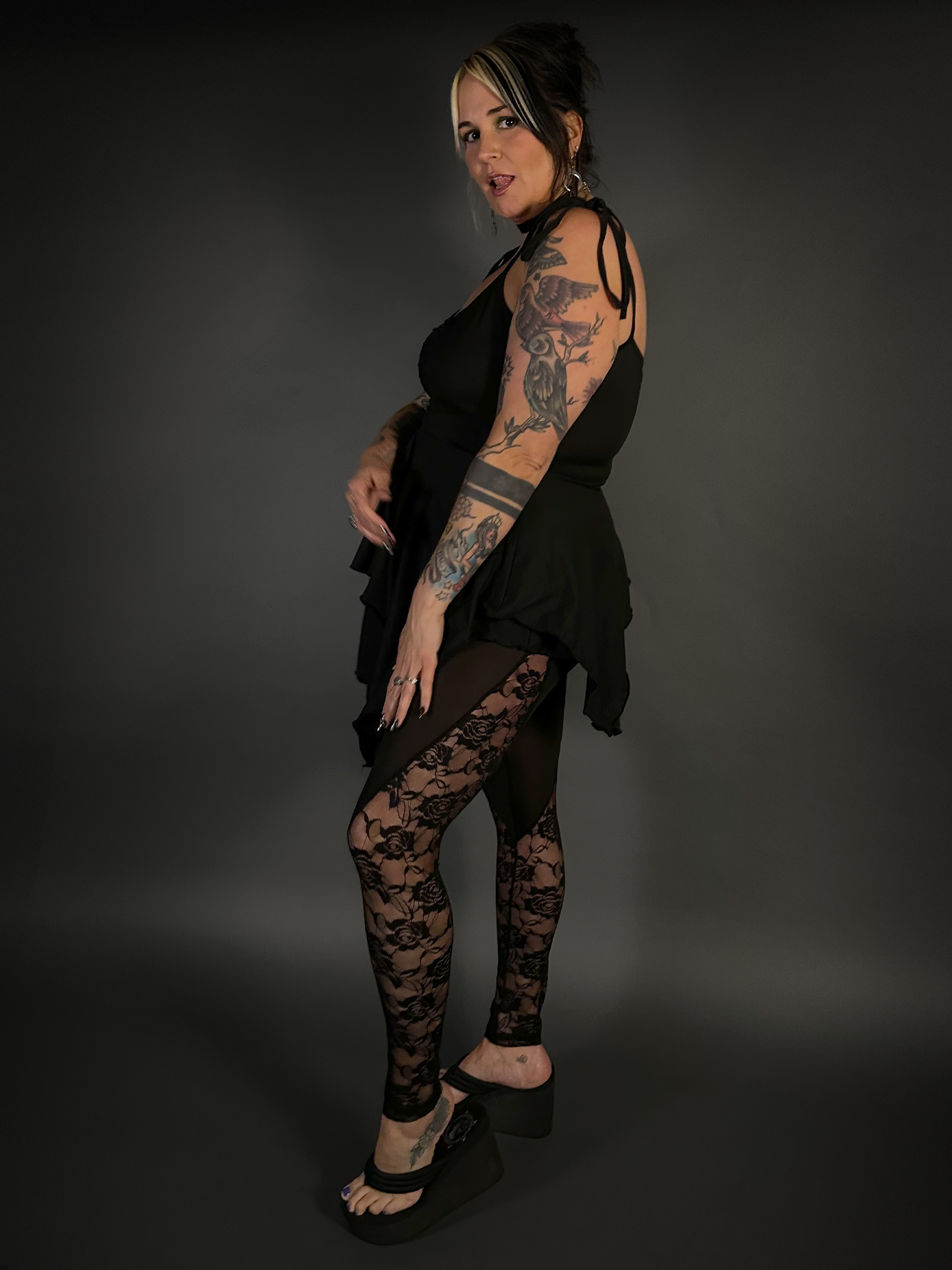 Rose Lace Sides Translucent Stretch Leggings with High Waist