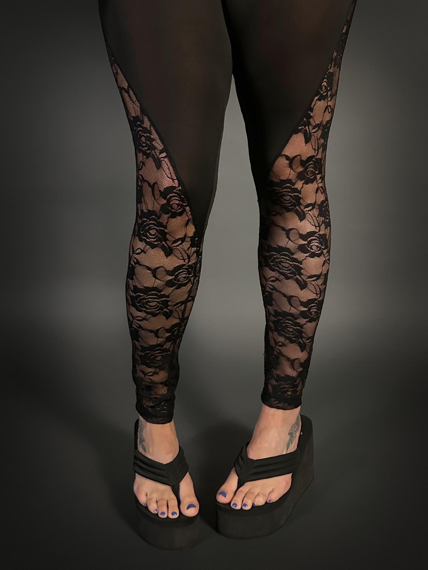 Rose Lace Sides Translucent Stretch Leggings with High Waist