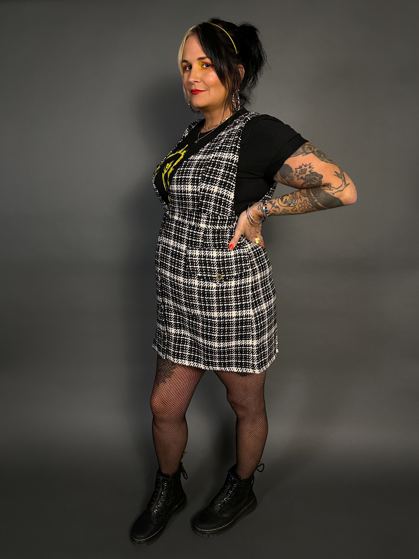 Sleeveless Tweed Low V-Neck Plaid Overall Mini Dress in Black/White