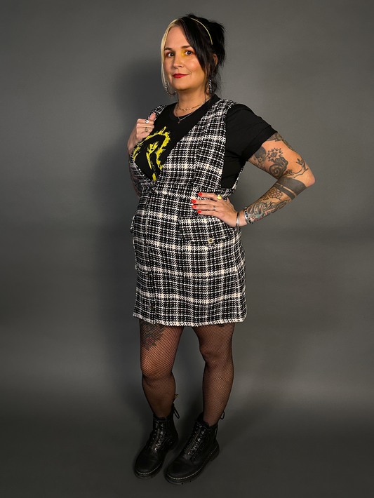 Sleeveless Tweed Low V-Neck Plaid Overall Mini Dress in Black/White