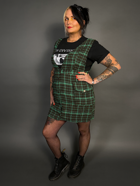 Sleeveless Tweed Low V-Neck Plaid Overall Mini Dress in Green
