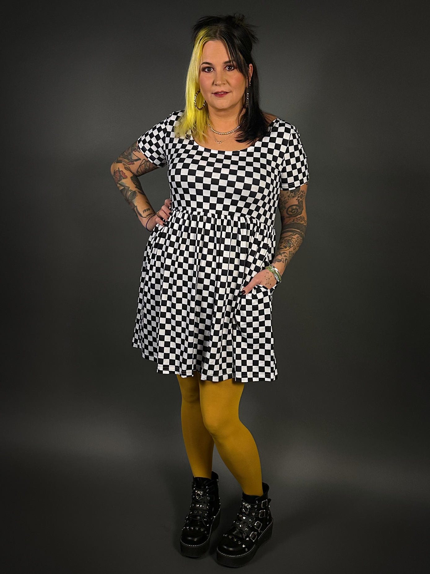 Tommyrot Checkered Short Sleeve Stretch Skater Dress with Pockets