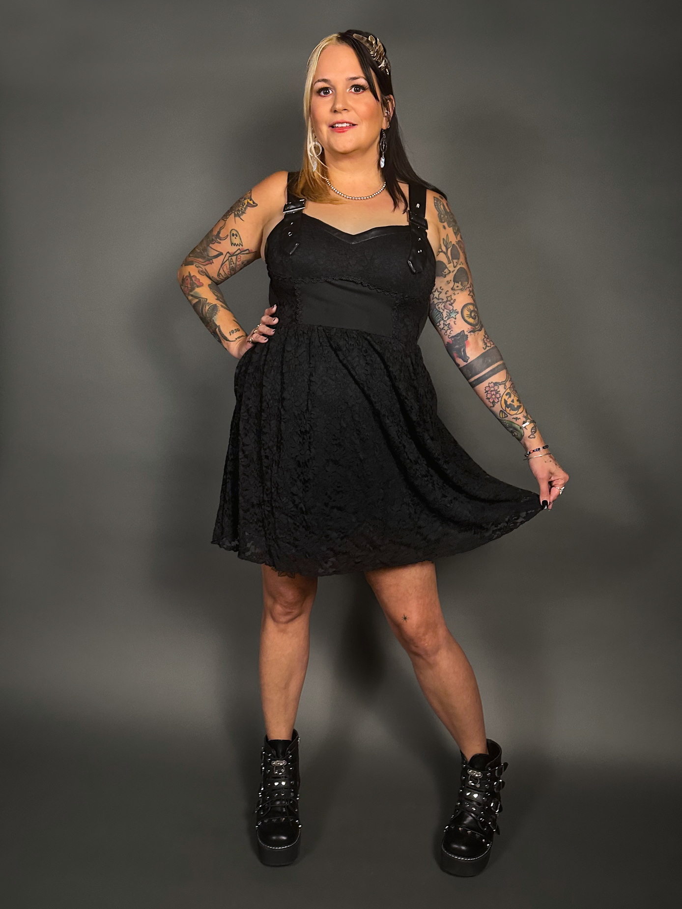 Tommyrot Lace Detail Corset Dress w/ Faux Leather Shoulder Straps in Black