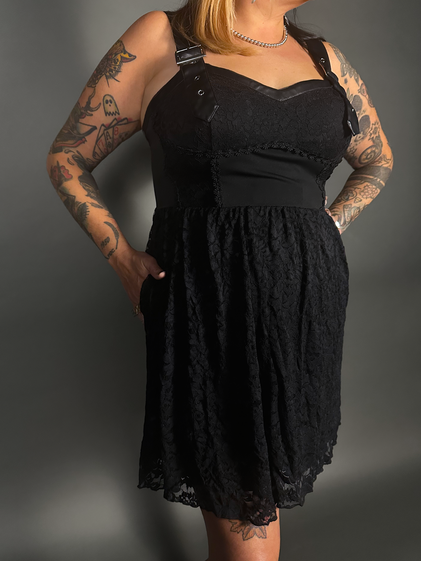Tommyrot Lace Detail Corset Dress w/ Faux Leather Shoulder Straps in Black