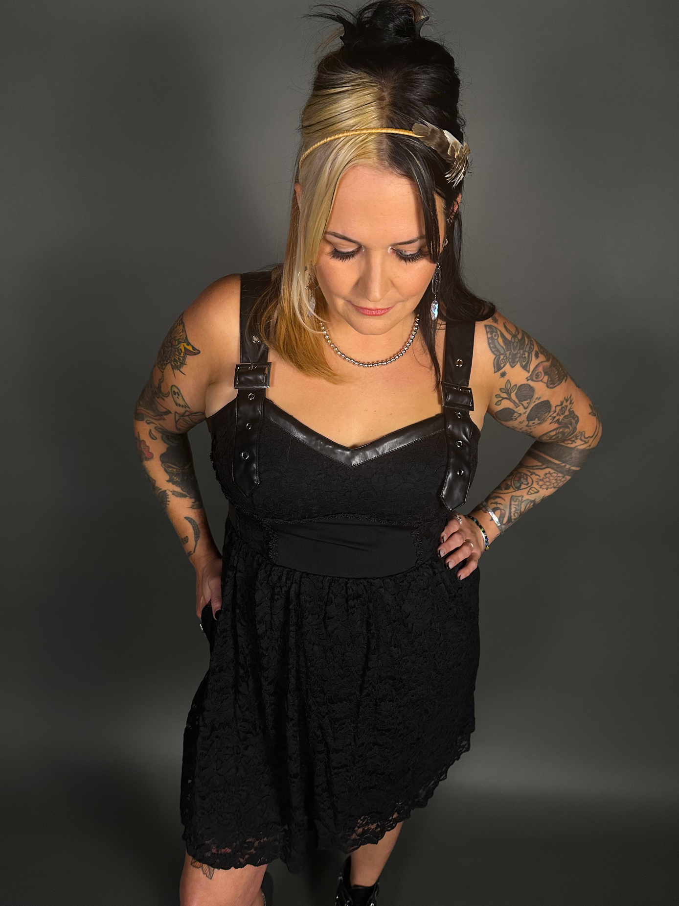 Tommyrot Lace Detail Corset Dress w/ Faux Leather Shoulder Straps in Black