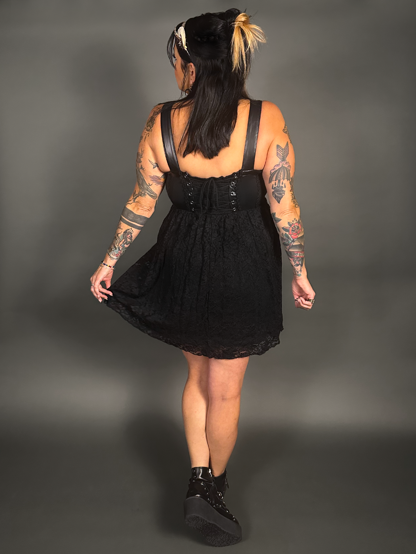 Tommyrot Lace Detail Corset Dress w/ Faux Leather Shoulder Straps in Black