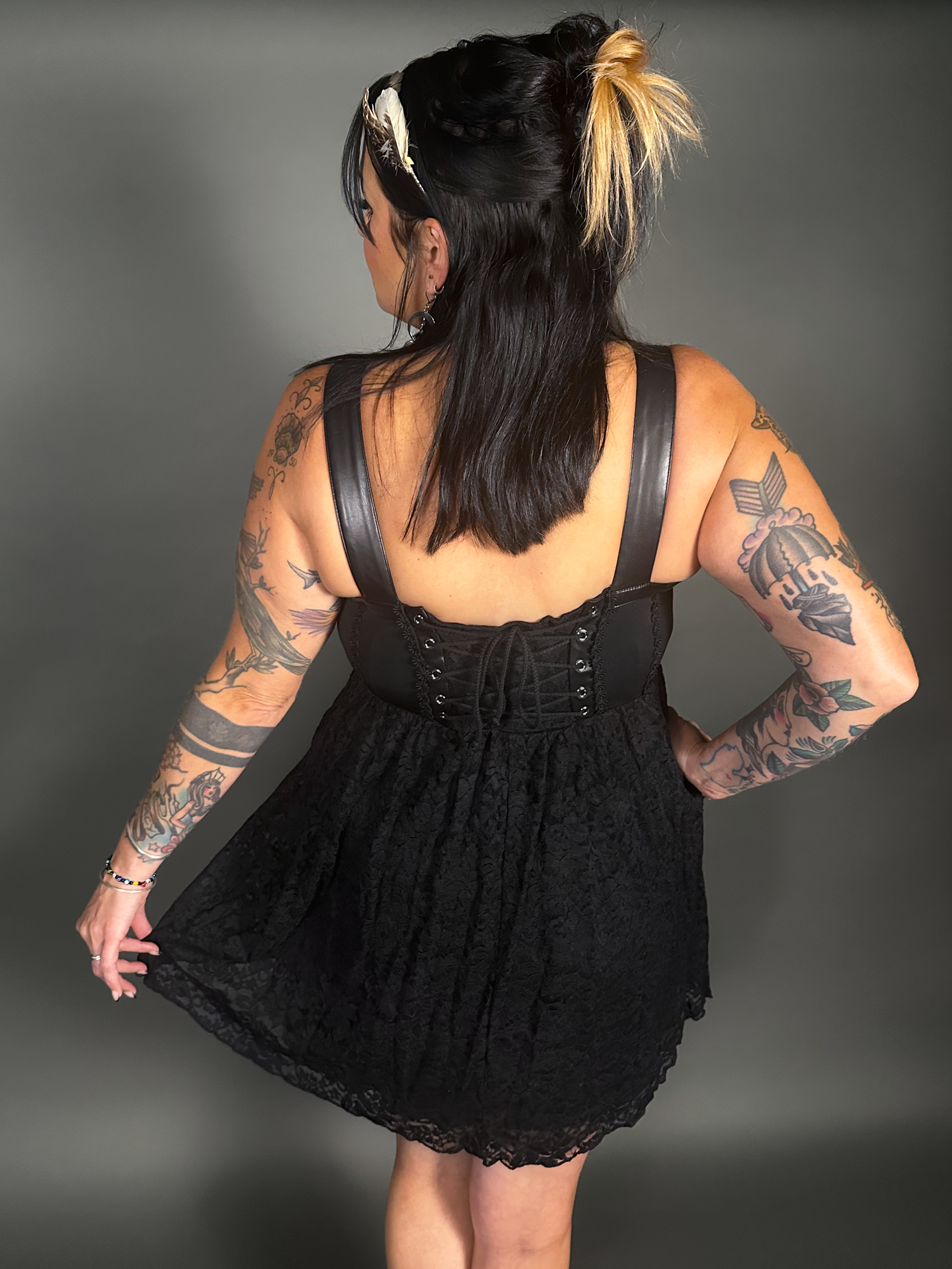 Tommyrot Lace Detail Corset Dress w/ Faux Leather Shoulder Straps in Black