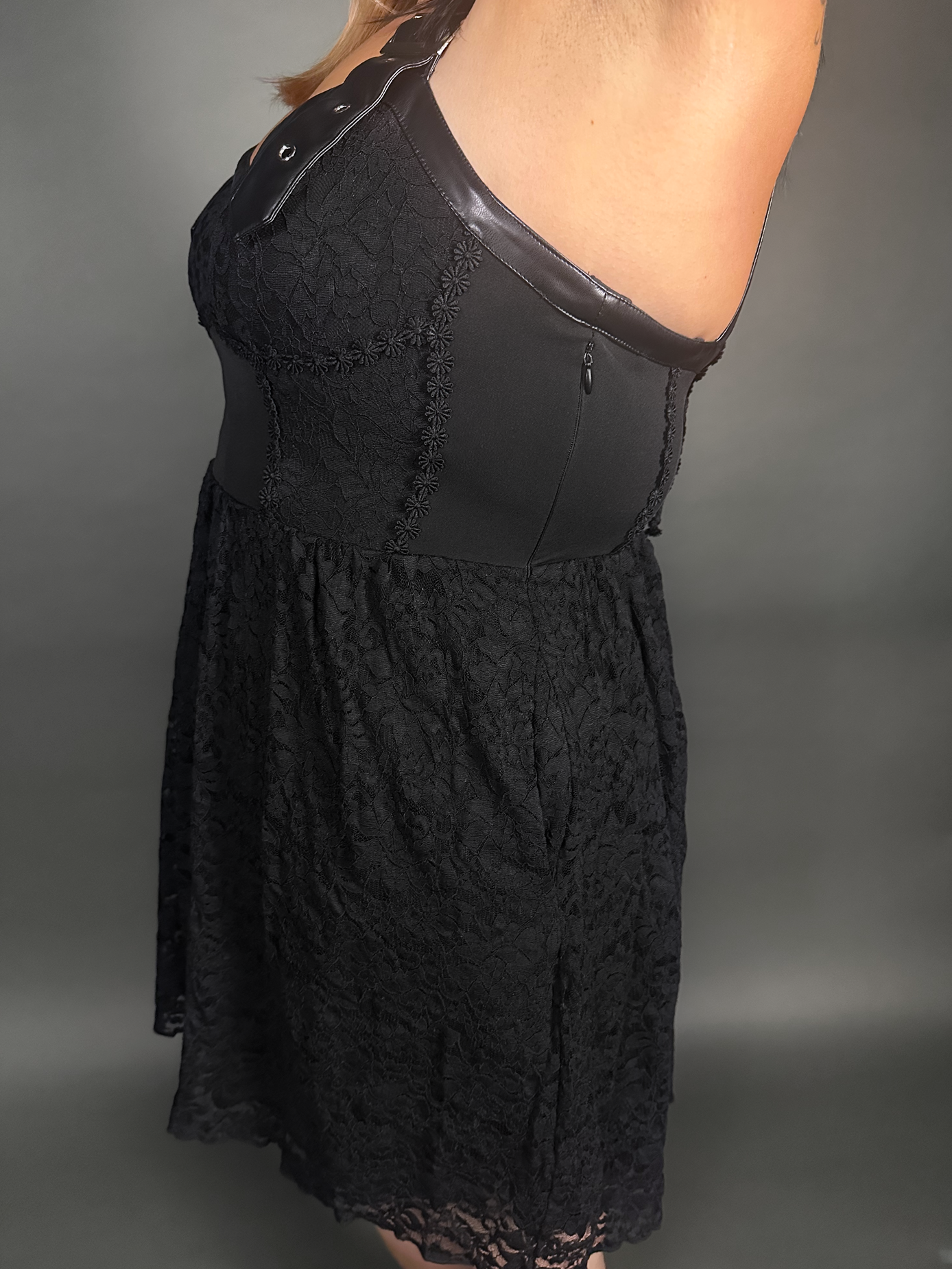 Tommyrot Lace Detail Corset Dress w/ Faux Leather Shoulder Straps in Black