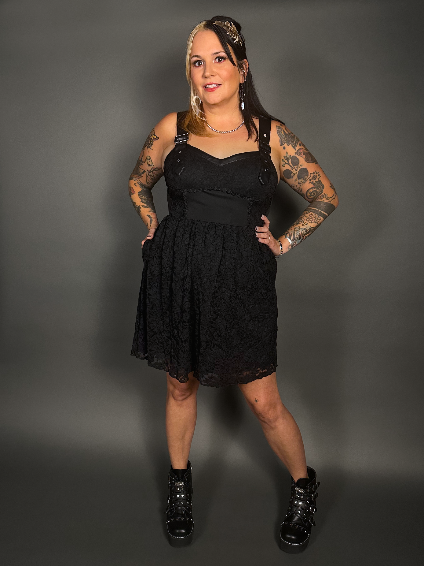 Tommyrot Lace Detail Corset Dress w/ Faux Leather Shoulder Straps in Black