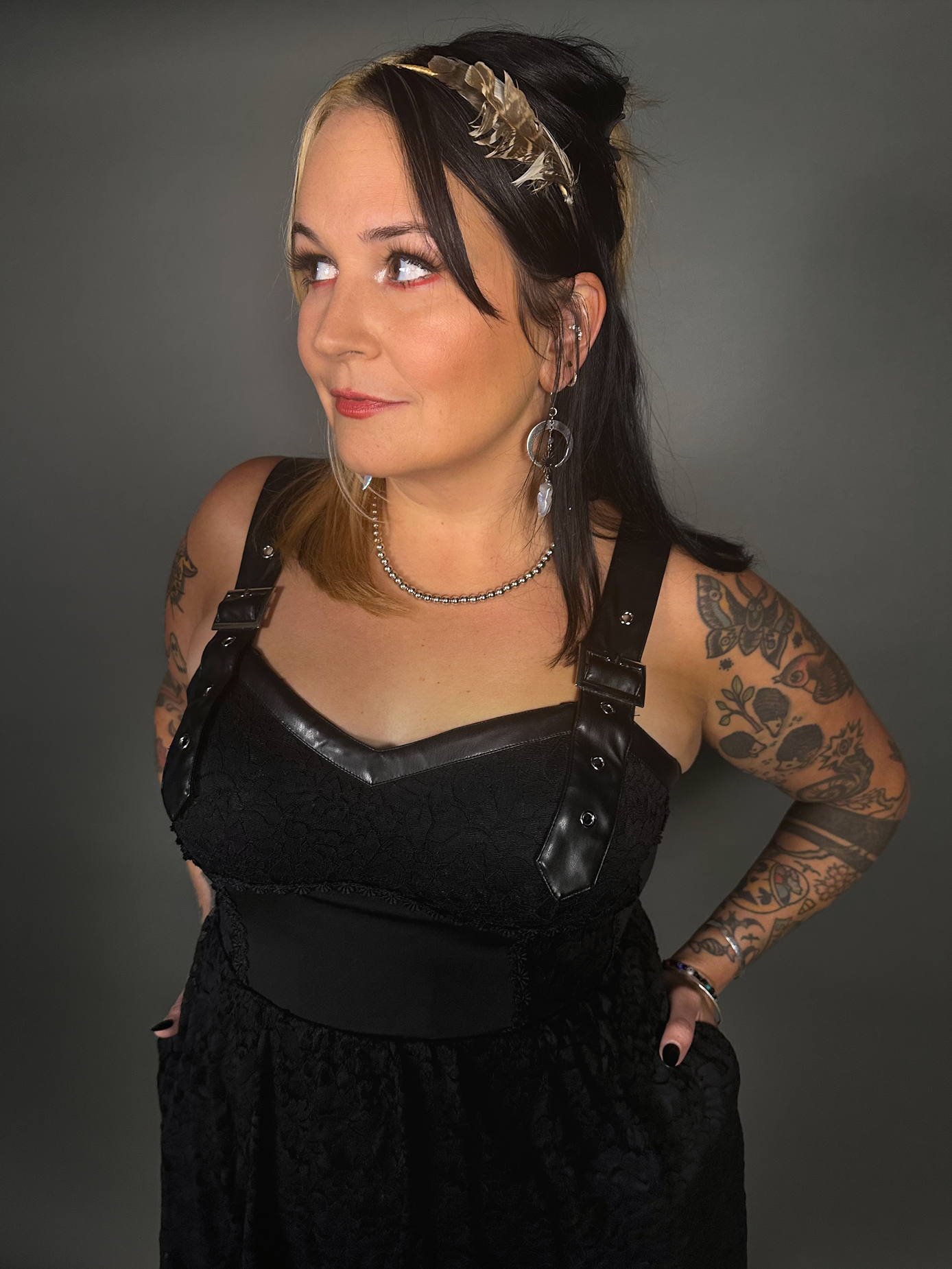 Tommyrot Lace Detail Corset Dress w/ Faux Leather Shoulder Straps in Black