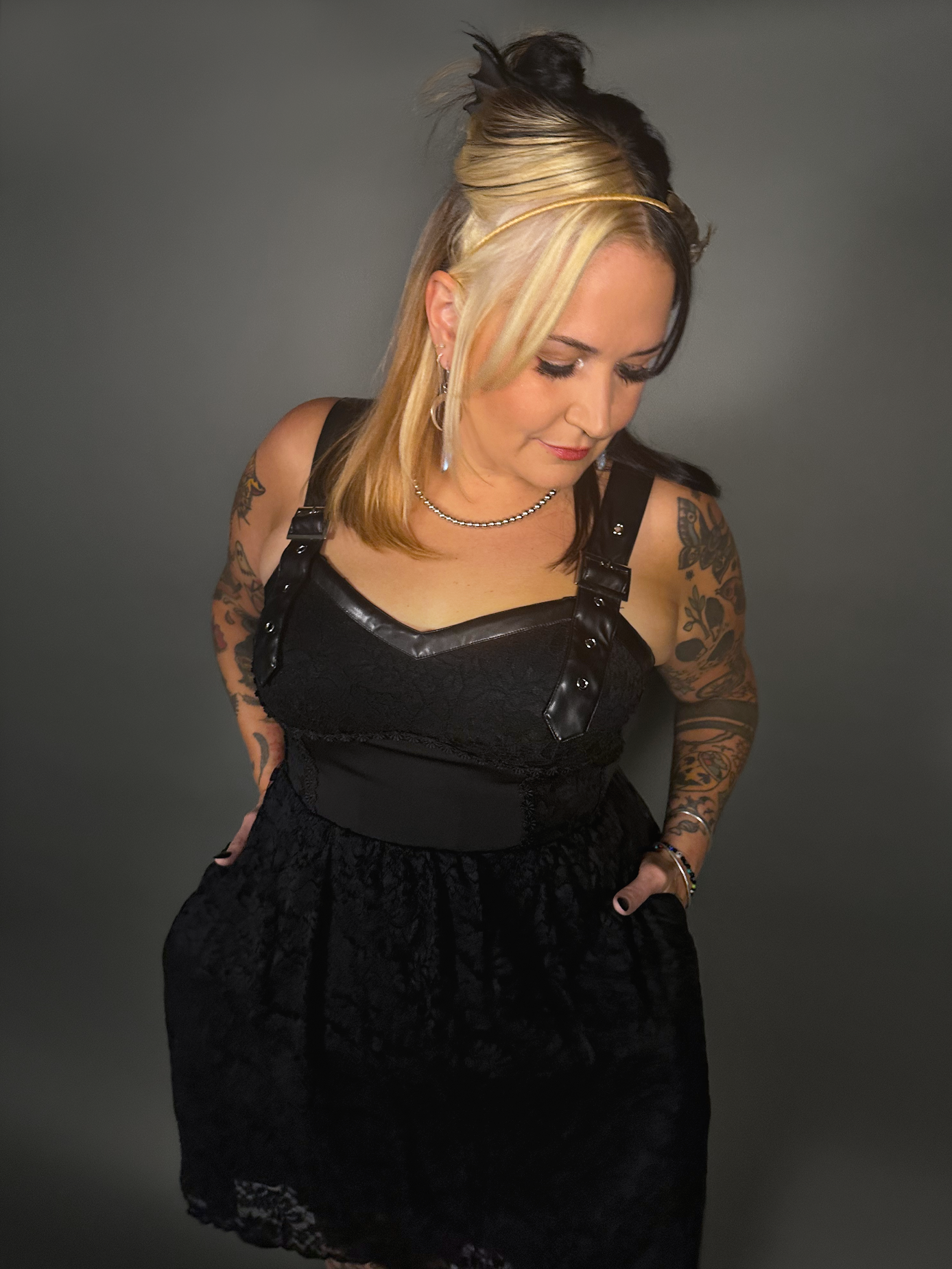 Tommyrot Lace Detail Corset Dress w/ Faux Leather Shoulder Straps in Black