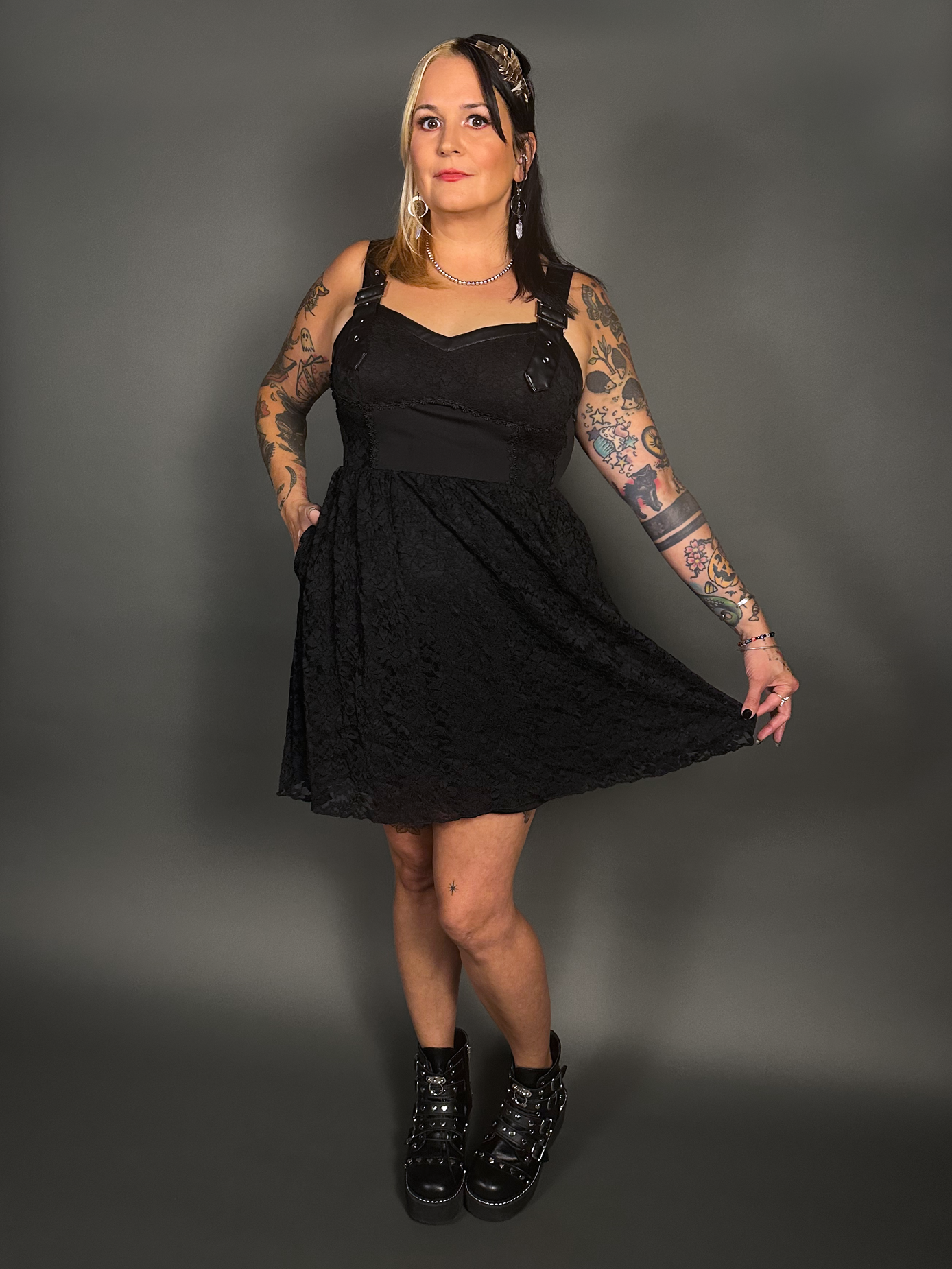 Tommyrot Lace Detail Corset Dress w/ Faux Leather Shoulder Straps in Black