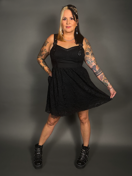 Tommyrot Lace Detail Corset Dress w/ Faux Leather Shoulder Straps in Black