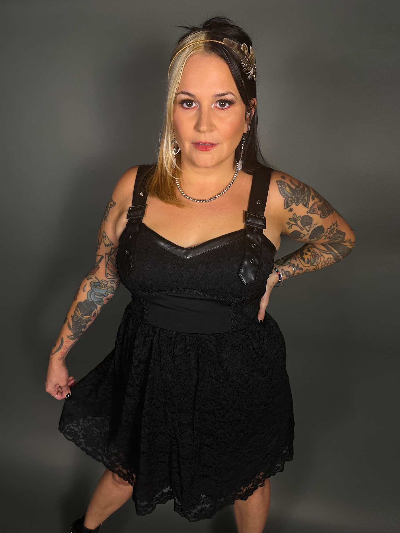 Tommyrot Lace Detail Corset Dress w/ Faux Leather Shoulder Straps in Black