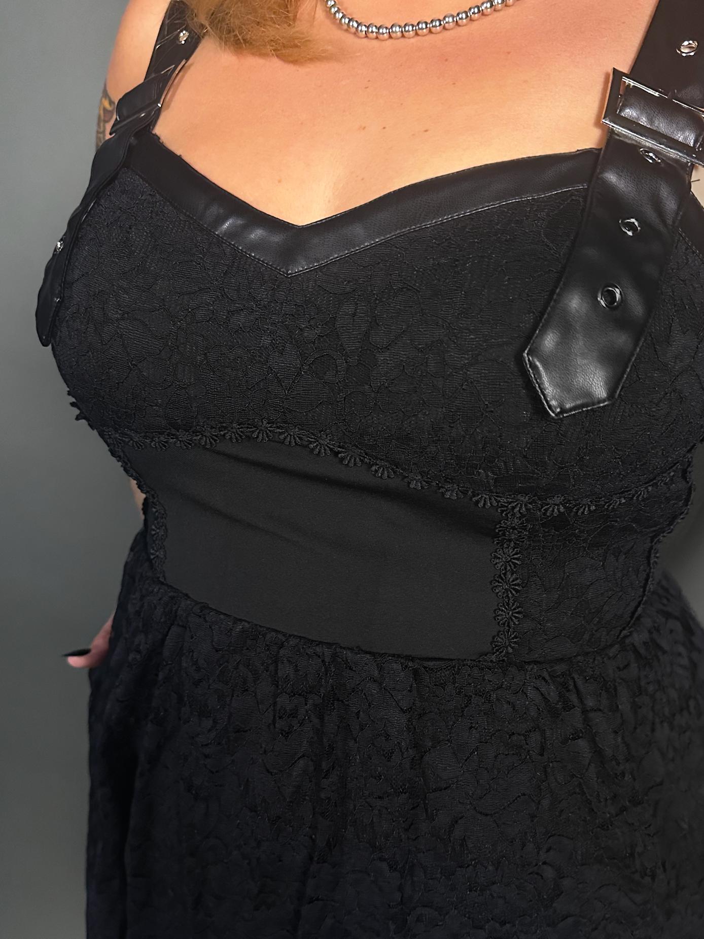 Tommyrot Lace Detail Corset Dress w/ Faux Leather Shoulder Straps in Black