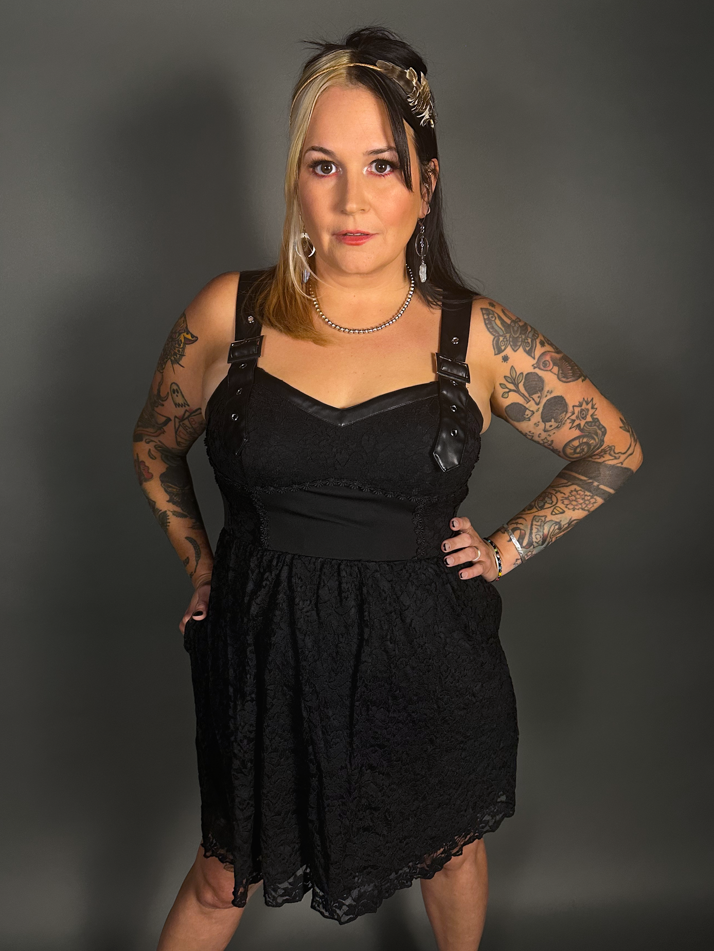 Tommyrot Lace Detail Corset Dress w/ Faux Leather Shoulder Straps in Black