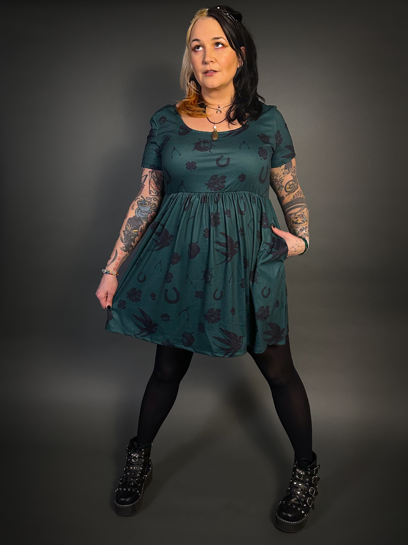 Tommyrot "Lady Luck" Short Sleeve Stretch Skater Dress with Pockets in Green