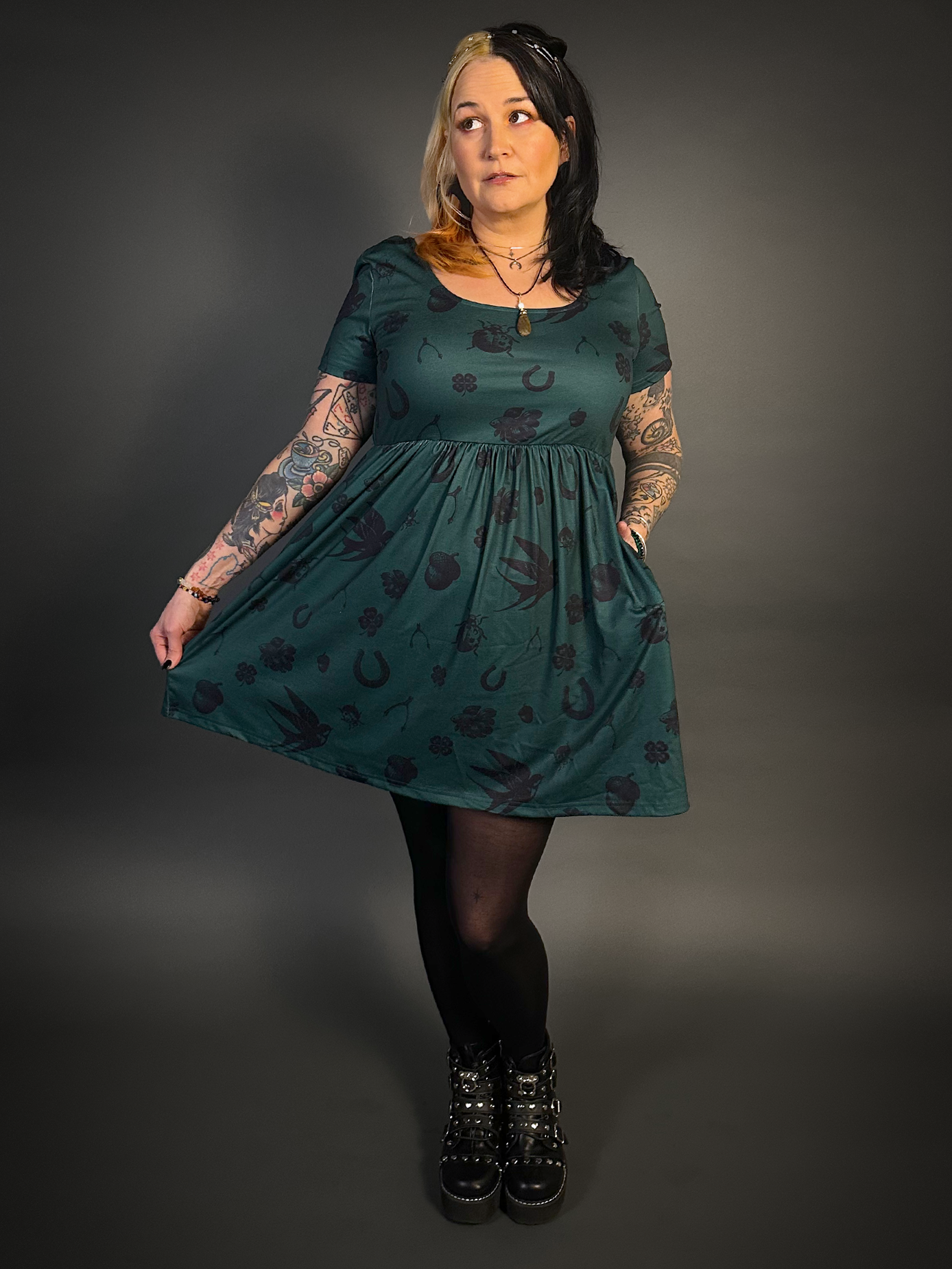 Tommyrot Lady Luck Short Sleeve Stretch Skater Dress with Pockets in Green M / Emerald Green & Black Tommyrot Lady Luck Short Sleeve Stretch Skater Dress with Pockets in Green M / Emerald Green & Black