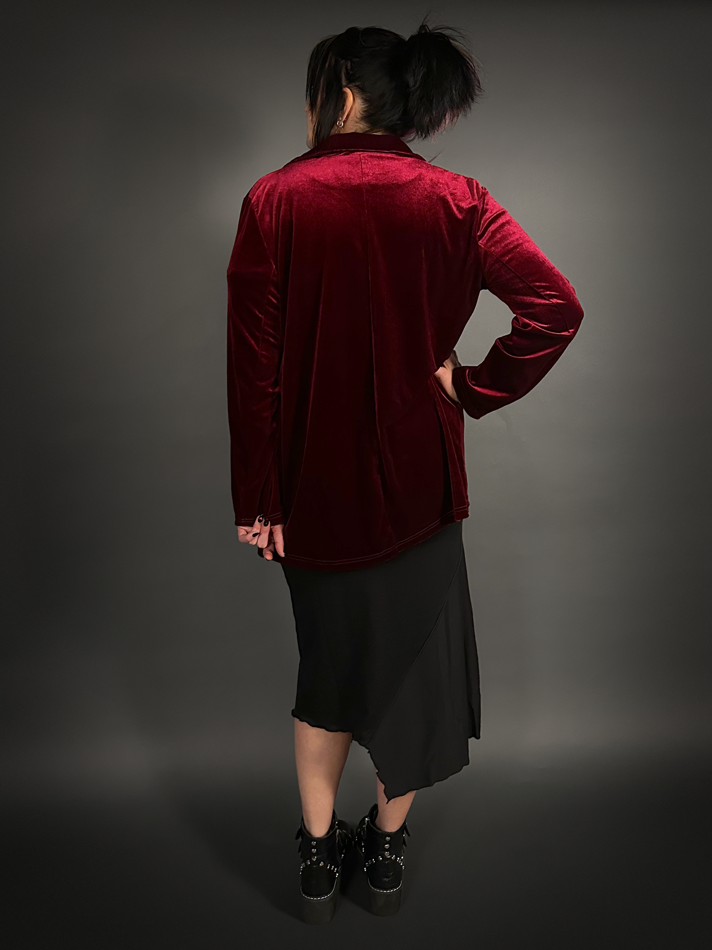 Vintage Style Long Velvet Indie Style Blazer Jacket in Burgundy