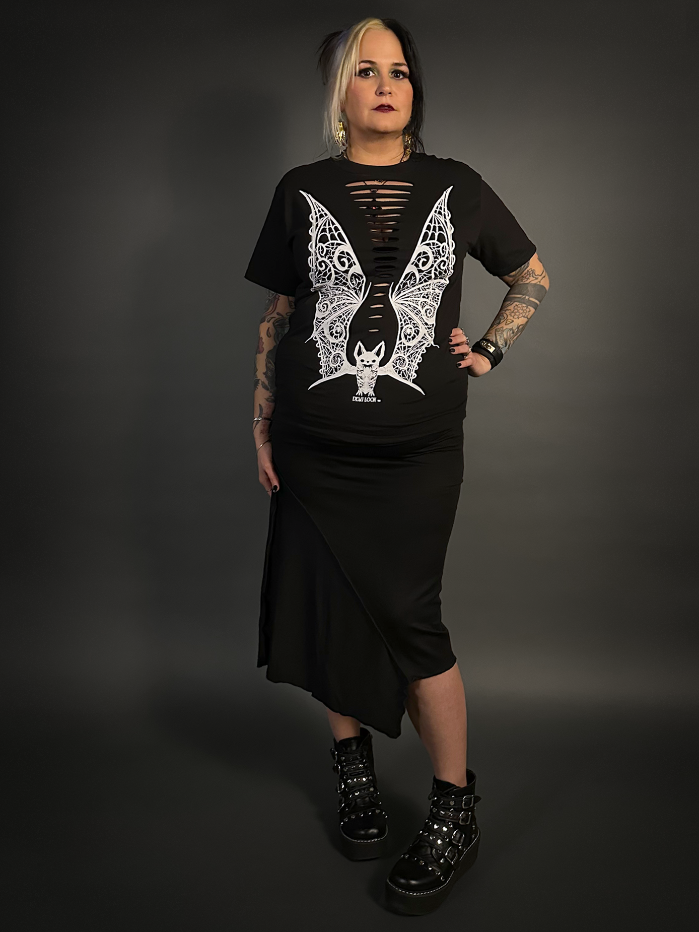 Asymmetrical Stretch Midi Skirt in Black - Punk / Goth Style