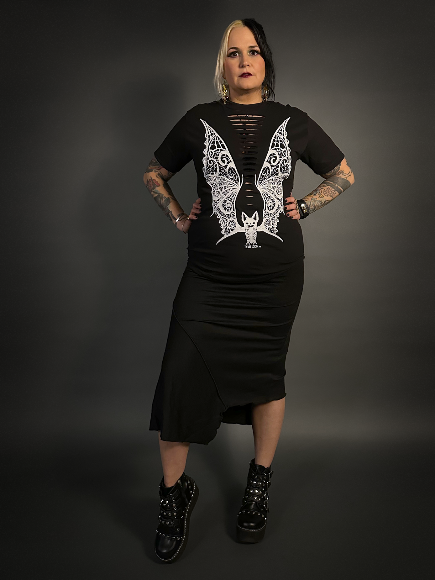 Asymmetrical Stretch Midi Skirt in Black - Punk / Goth Style