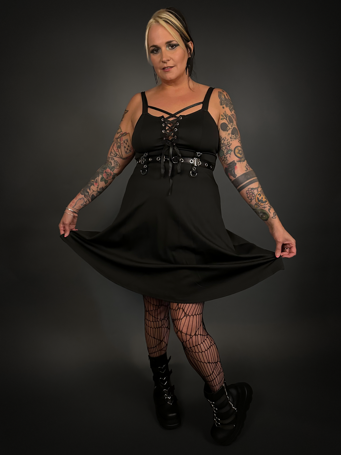 Black Ribbon Lace-up Front A-line Punk / Goth Dress