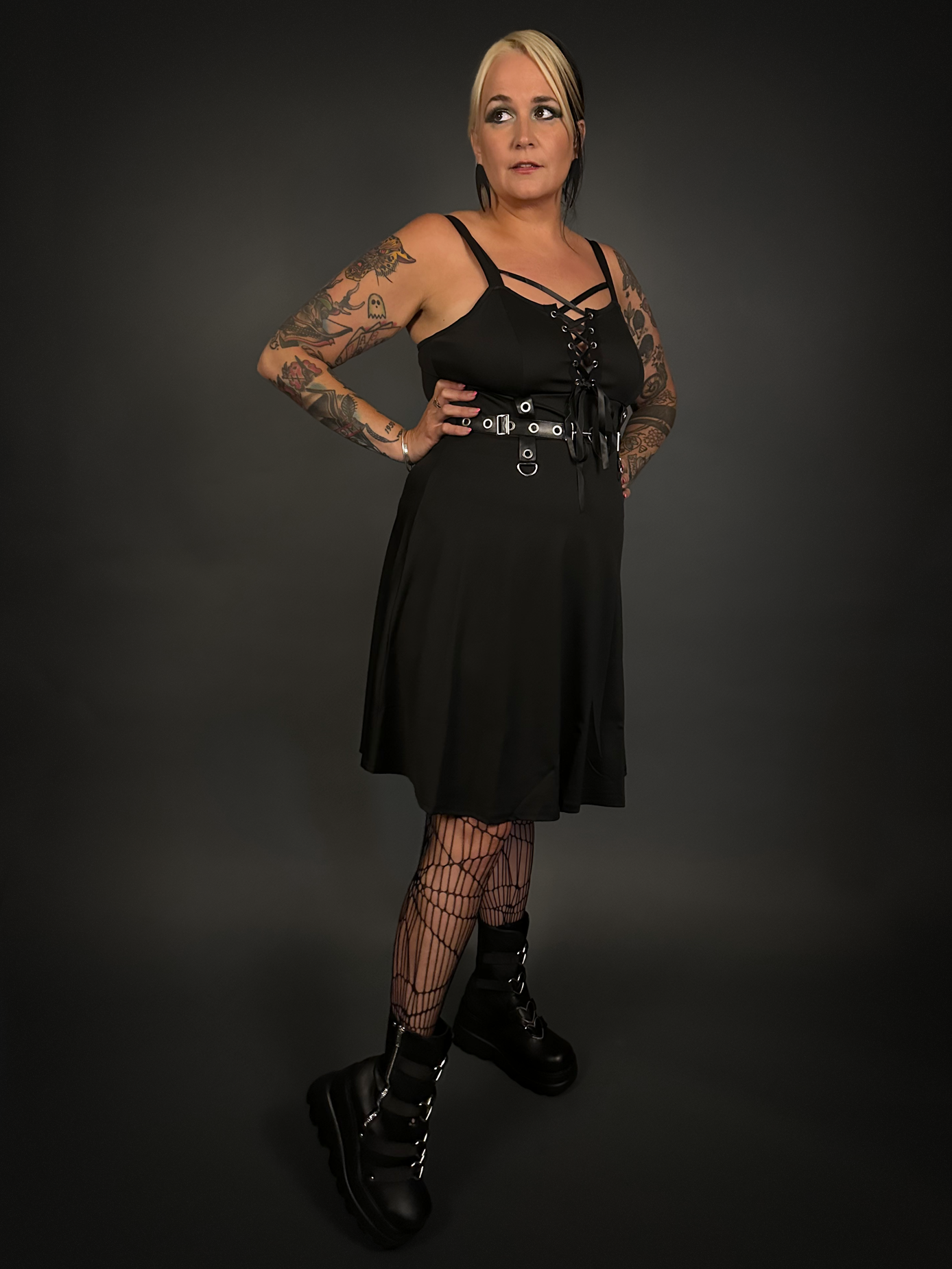 Black Ribbon Lace-up Front A-line Punk / Goth Dress