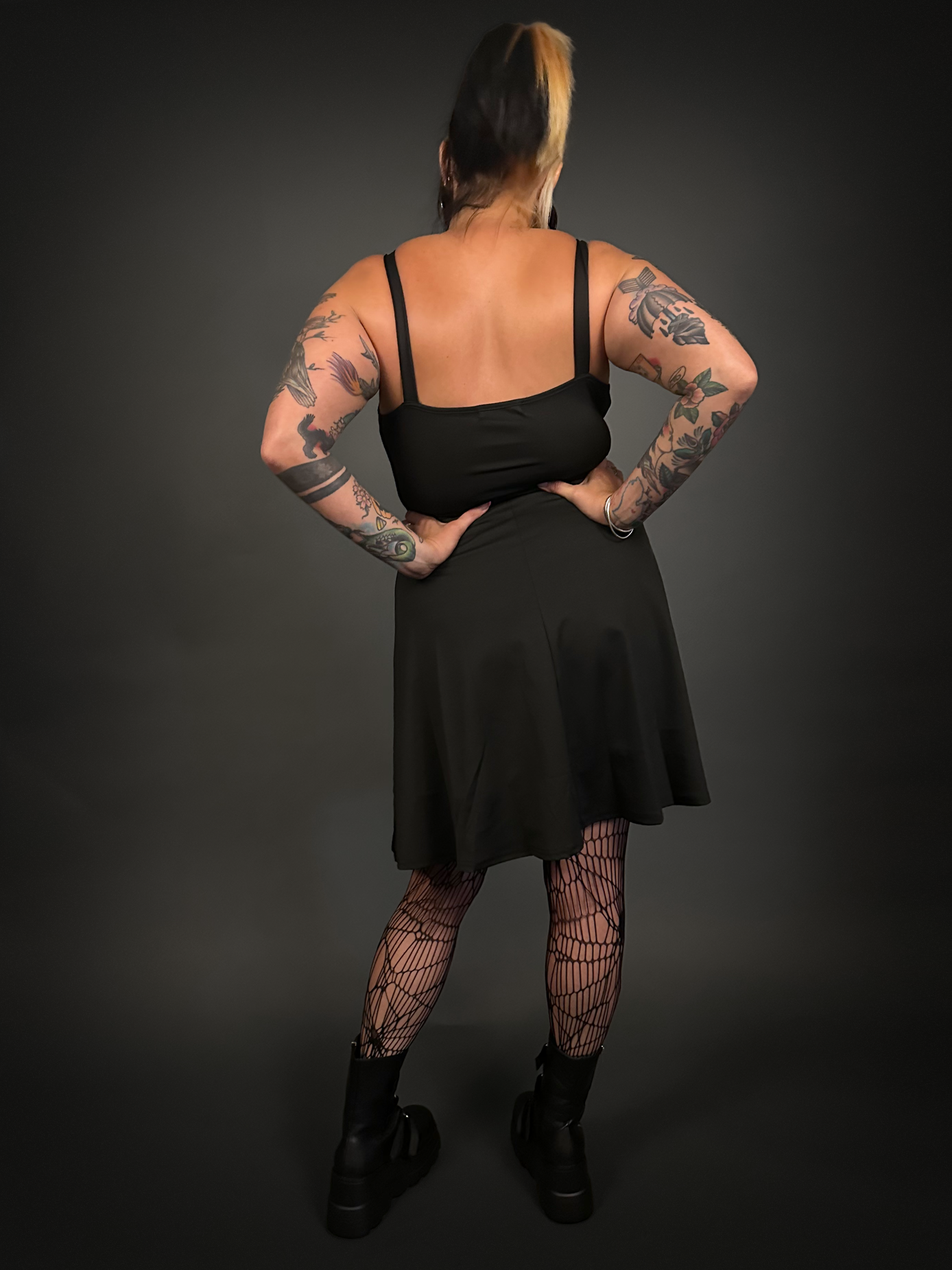 Outfit Set - Black Ribbon Lace-up Front A-line Goth Dress & Spider Web Tights Punk Style