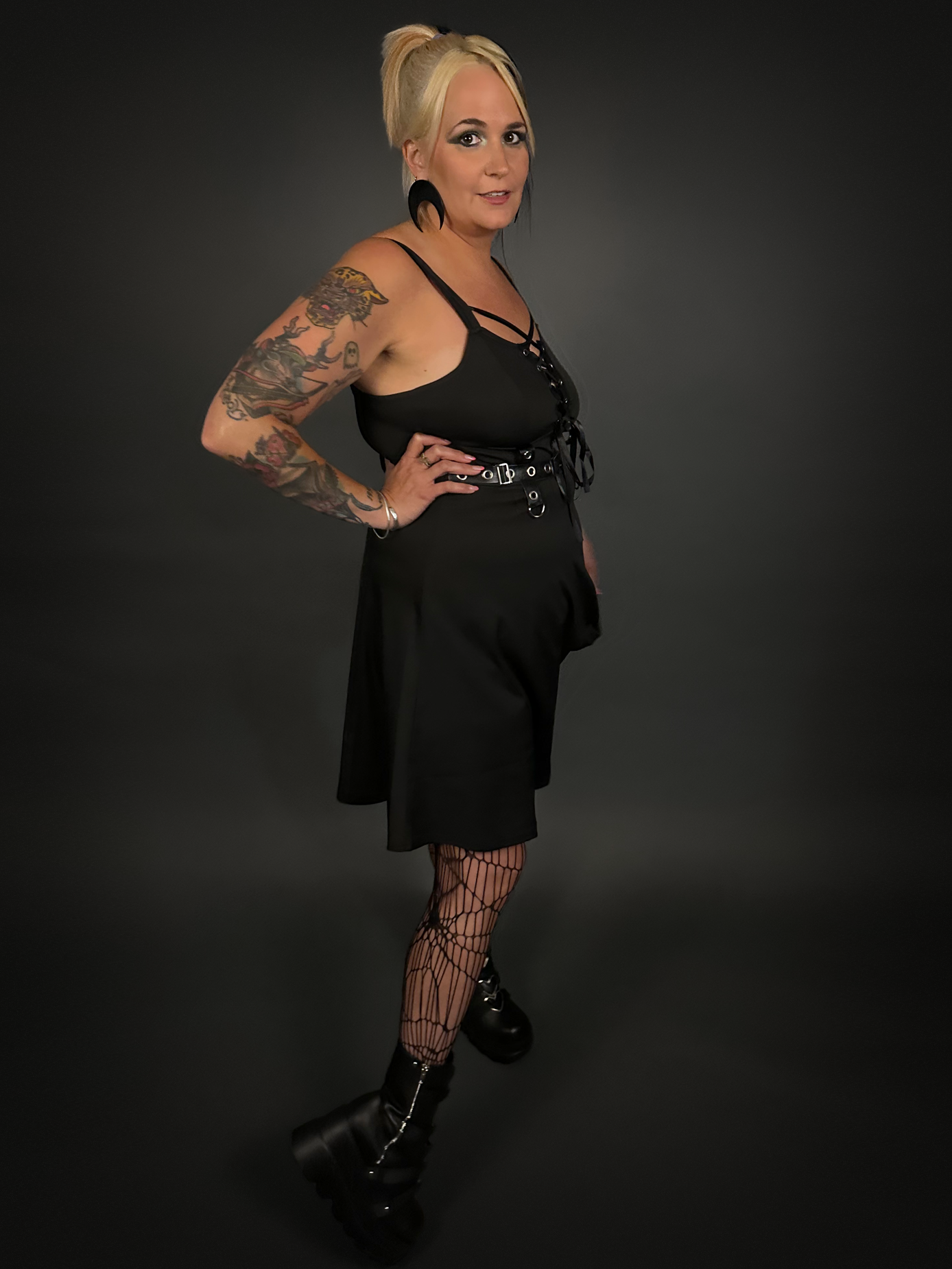 Black Ribbon Lace-up Front A-line Punk / Goth Dress