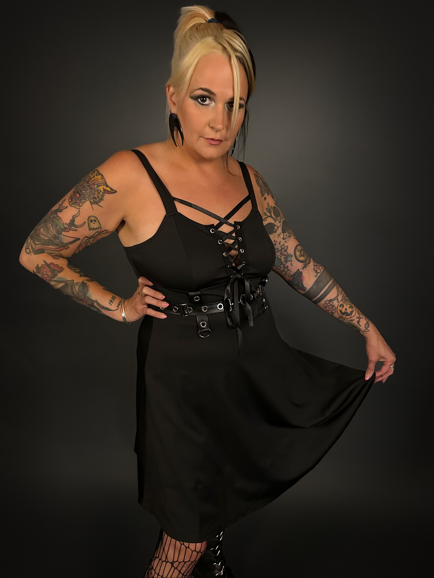 Black Ribbon Lace-up Front A-line Punk / Goth Dress