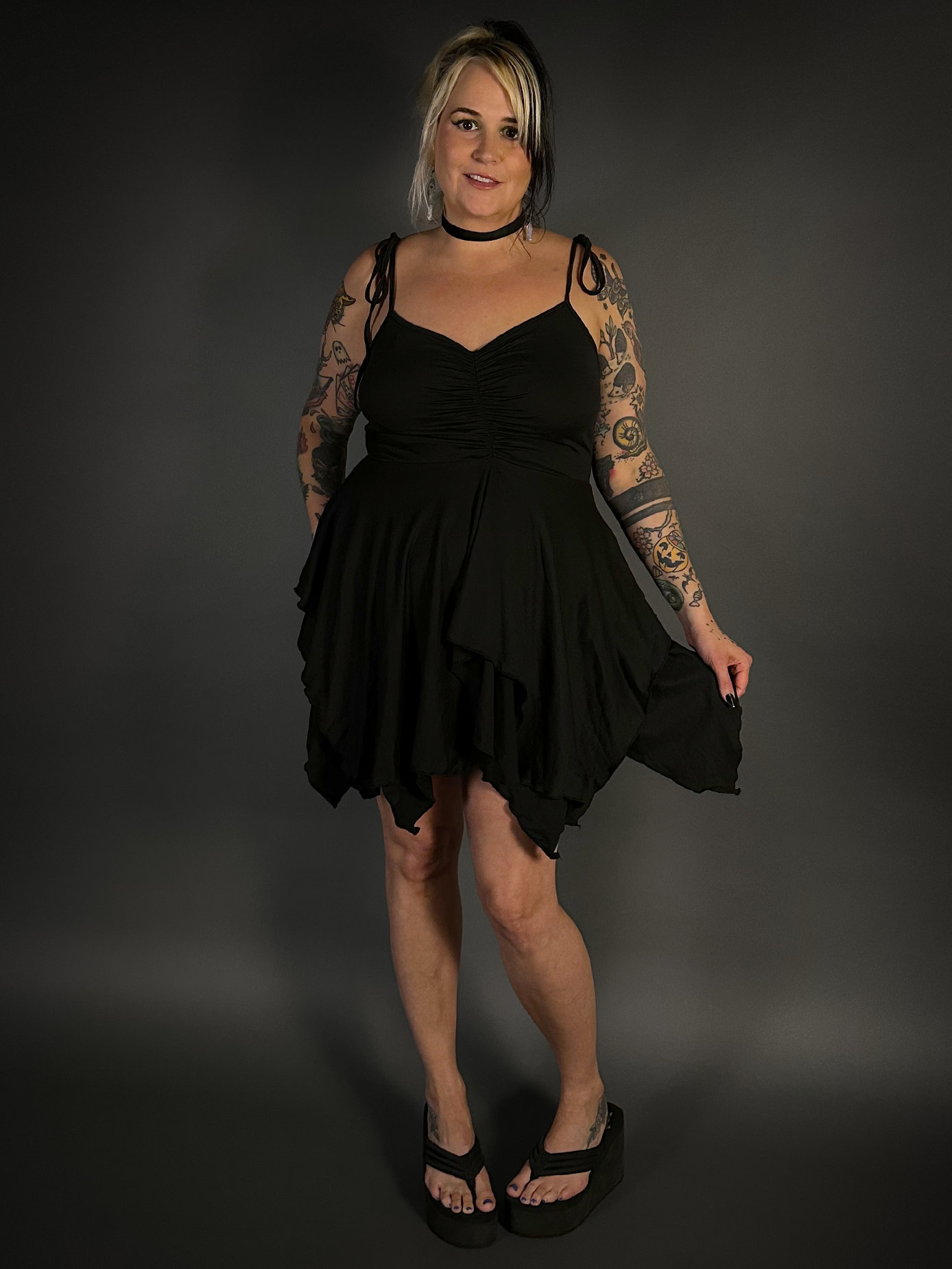 goth fairy dress Black Stretch with Spaghetti Straps M / Black Olive-Black Cotton Silk Sheer Style-Color-Dim:AP1E208349_AA544_W and an ethereal handkerchief Color:Sea Mist