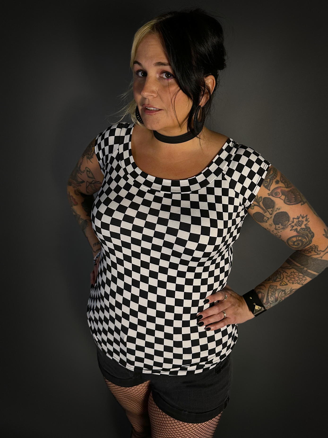 Black & White Checkered Boat Neck Stretch Top by Retrolicious